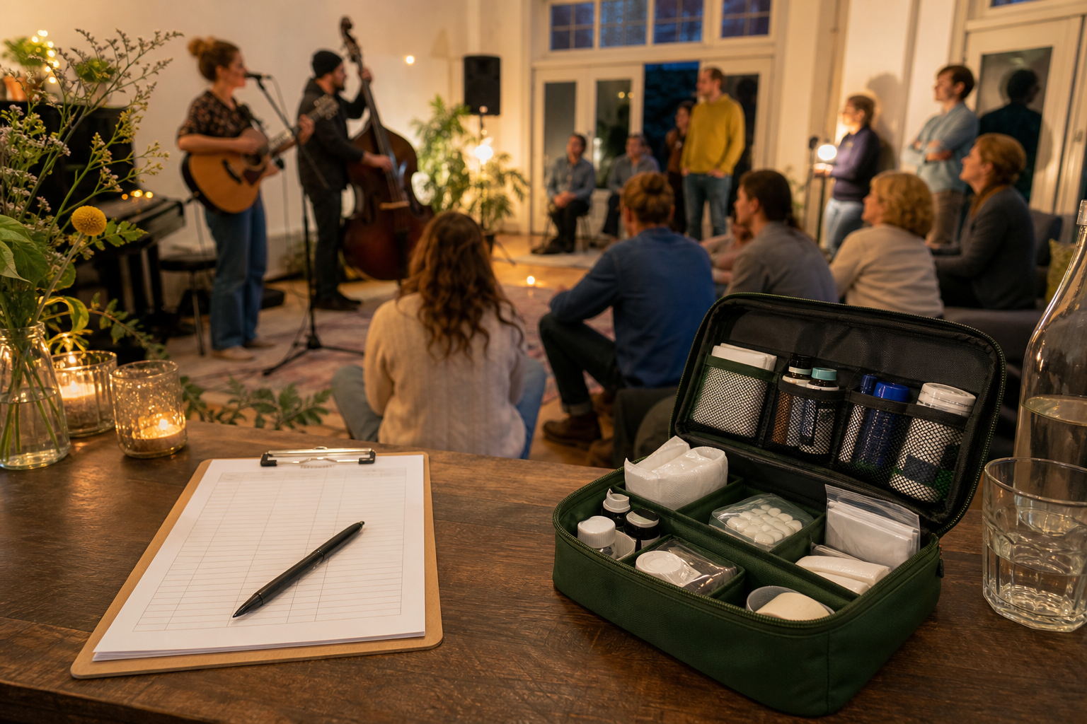 Een geopende EHBO-set en een lege checklist op tafel tijdens een klein huiskameroptreden
