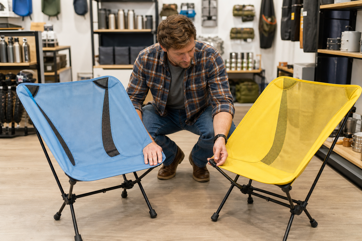 Man vergelijkt een blauwe en gele opvouwbare picknickstoel in een winkel