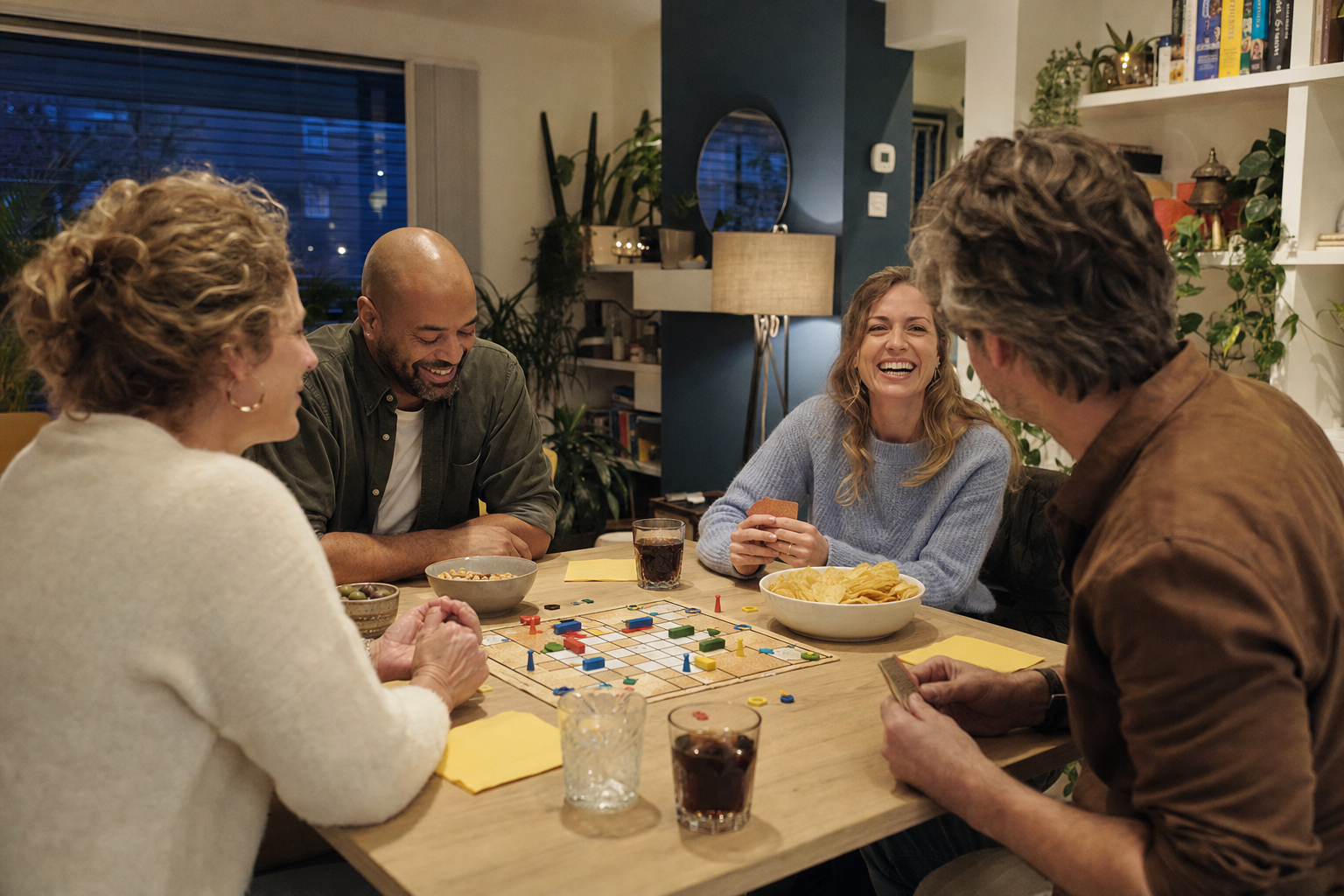 Vier vrienden lachen samen rond een tafel tijdens een spelletjesavond thuis