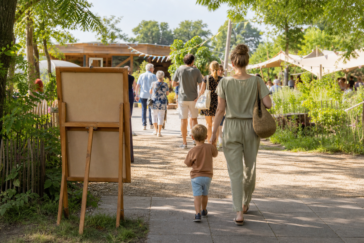 Bezoekers lopen via een brede route naar een zonnig evenemententerrein met een informatiebord zonder tekst