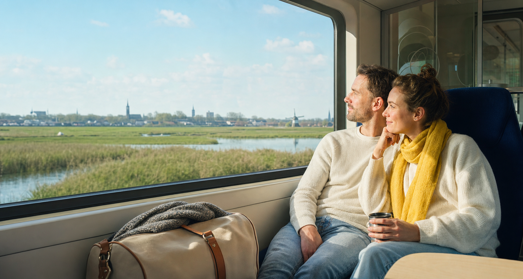 Stel kijkt vanuit de trein naar een groen Nederlands polderlandschap